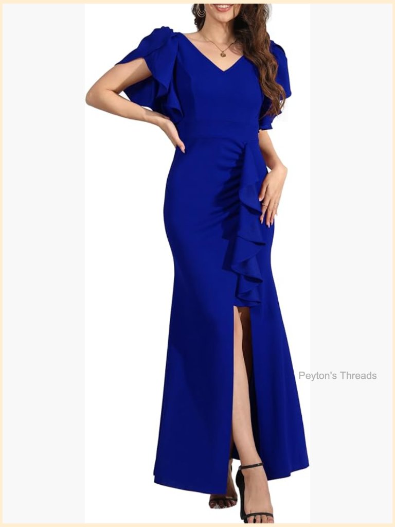 Formal Gown Long V-Neck Ruffle Short Sleeve Prom Dress Wedding Guest